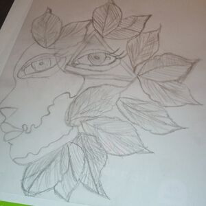 Abstract Face and Leaves Sketch Art